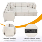 108.6 Divano Sezionale a U in Ciniglia con Funzione Letto, Porte USB, Chaise Longue Contenitore e 3 Cuscini Schienale