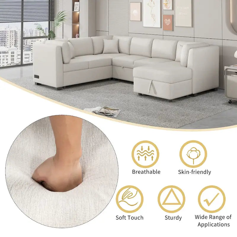 108.6 Divano Sezionale a U in Ciniglia con Funzione Letto, Porte USB, Chaise Longue Contenitore e 3 Cuscini Schienale