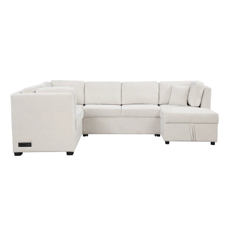 108.6 Divano Sezionale a U in Ciniglia con Funzione Letto, Porte USB, Chaise Longue Contenitore e 3 Cuscini Schienale