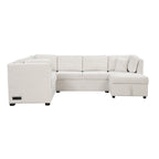 108.6 Divano Sezionale a U in Ciniglia con Funzione Letto, Porte USB, Chaise Longue Contenitore e 3 Cuscini Schienale