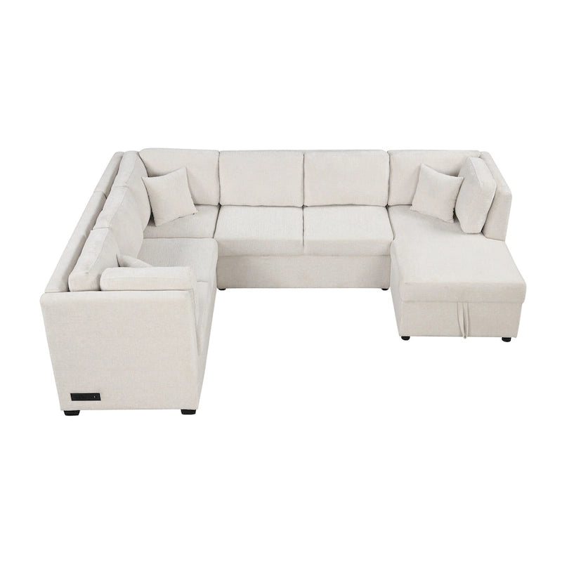 108.6 Divano Sezionale a U in Ciniglia con Funzione Letto, Porte USB, Chaise Longue Contenitore e 3 Cuscini Schienale
