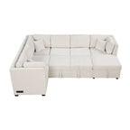 108.6 Divano Sezionale a U in Ciniglia con Funzione Letto, Porte USB, Chaise Longue Contenitore e 3 Cuscini Schienale