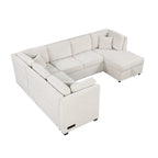 108.6 Divano Sezionale a U in Ciniglia con Funzione Letto, Porte USB, Chaise Longue Contenitore e 3 Cuscini Schienale