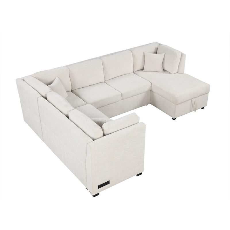 108.6 Divano Sezionale a U in Ciniglia con Funzione Letto, Porte USB, Chaise Longue Contenitore e 3 Cuscini Schienale
