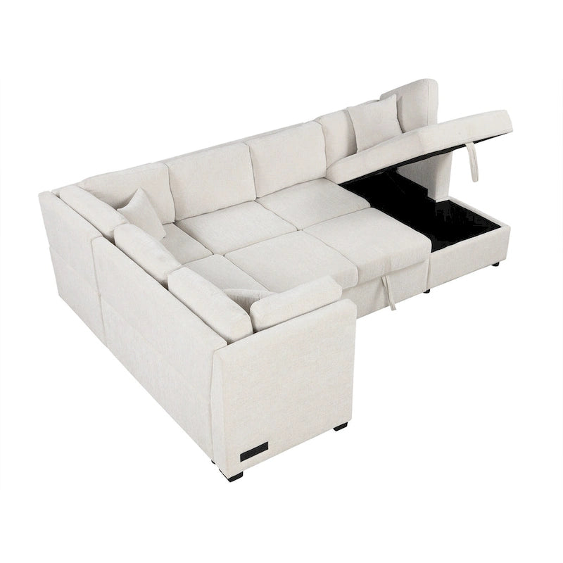 108.6 Divano Sezionale a U in Ciniglia con Funzione Letto, Porte USB, Chaise Longue Contenitore e 3 Cuscini Schienale