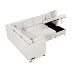 108.6 Divano Sezionale a U in Ciniglia con Funzione Letto, Porte USB, Chaise Longue Contenitore e 3 Cuscini Schienale