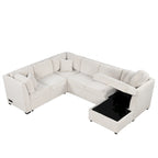 108.6 Divano Sezionale a U in Ciniglia con Funzione Letto, Porte USB, Chaise Longue Contenitore e 3 Cuscini Schienale