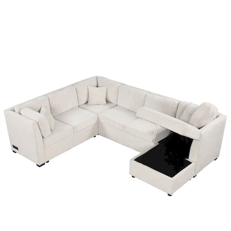 108.6 Divano Sezionale a U in Ciniglia con Funzione Letto, Porte USB, Chaise Longue Contenitore e 3 Cuscini Schienale
