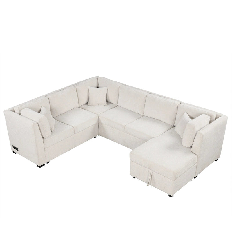 108.6 Divano Sezionale a U in Ciniglia con Funzione Letto, Porte USB, Chaise Longue Contenitore e 3 Cuscini Schienale