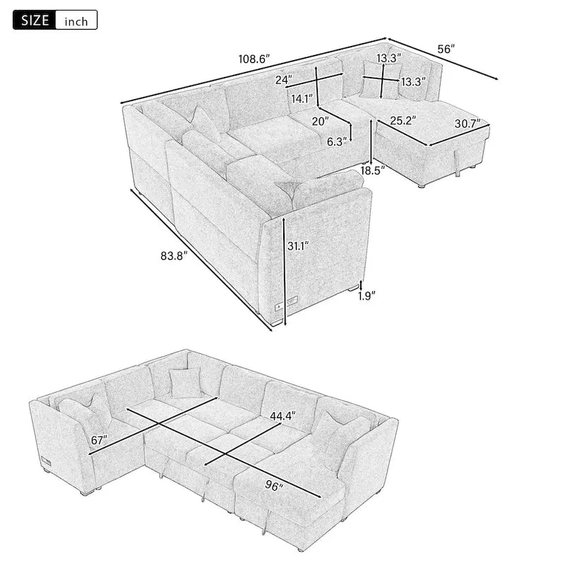 108.6 Divano Sezionale a U in Ciniglia con Funzione Letto, Porte USB, Chaise Longue Contenitore e 3 Cuscini Schienale