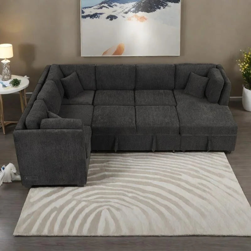 108.6 Divano Sezionale a U in Ciniglia con Funzione Letto, Porte USB, Chaise Longue Contenitore e 3 Cuscini Schienale