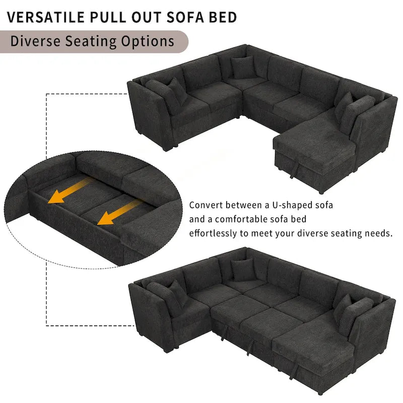 108.6 Divano Sezionale a U in Ciniglia con Funzione Letto, Porte USB, Chaise Longue Contenitore e 3 Cuscini Schienale
