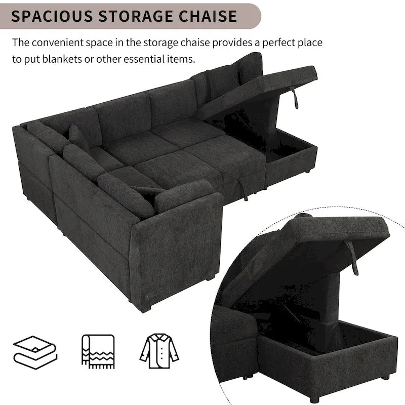 108.6 Divano Sezionale a U in Ciniglia con Funzione Letto, Porte USB, Chaise Longue Contenitore e 3 Cuscini Schienale