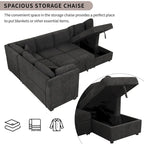 108.6 Divano Sezionale a U in Ciniglia con Funzione Letto, Porte USB, Chaise Longue Contenitore e 3 Cuscini Schienale