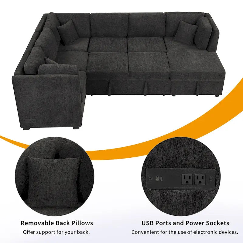 108.6 Divano Sezionale a U in Ciniglia con Funzione Letto, Porte USB, Chaise Longue Contenitore e 3 Cuscini Schienale