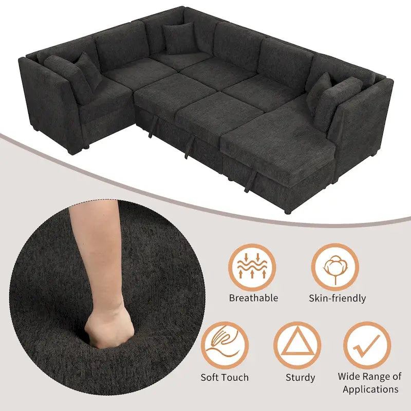 108.6 Divano Sezionale a U in Ciniglia con Funzione Letto, Porte USB, Chaise Longue Contenitore e 3 Cuscini Schienale