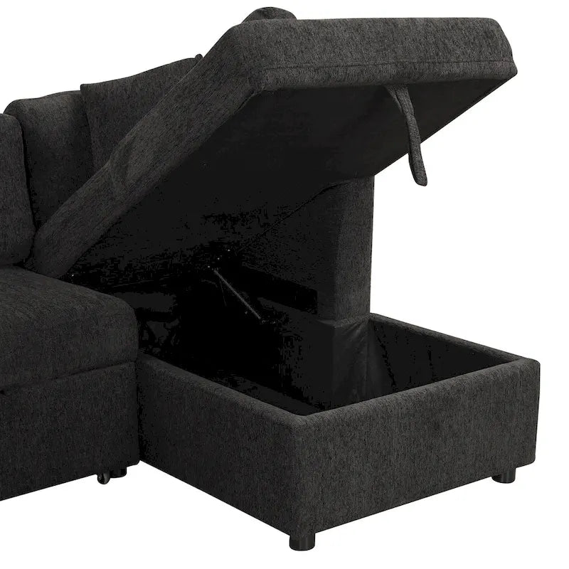 108.6 Divano Sezionale a U in Ciniglia con Funzione Letto, Porte USB, Chaise Longue Contenitore e 3 Cuscini Schienale