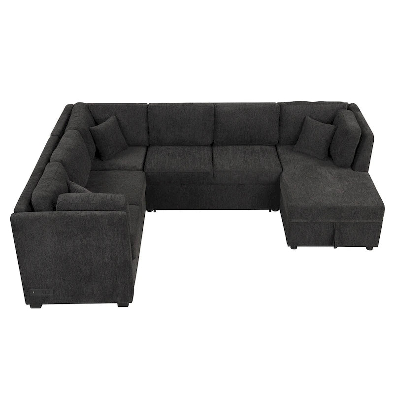 108.6 Divano Sezionale a U in Ciniglia con Funzione Letto, Porte USB, Chaise Longue Contenitore e 3 Cuscini Schienale