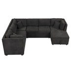 108.6 Divano Sezionale a U in Ciniglia con Funzione Letto, Porte USB, Chaise Longue Contenitore e 3 Cuscini Schienale