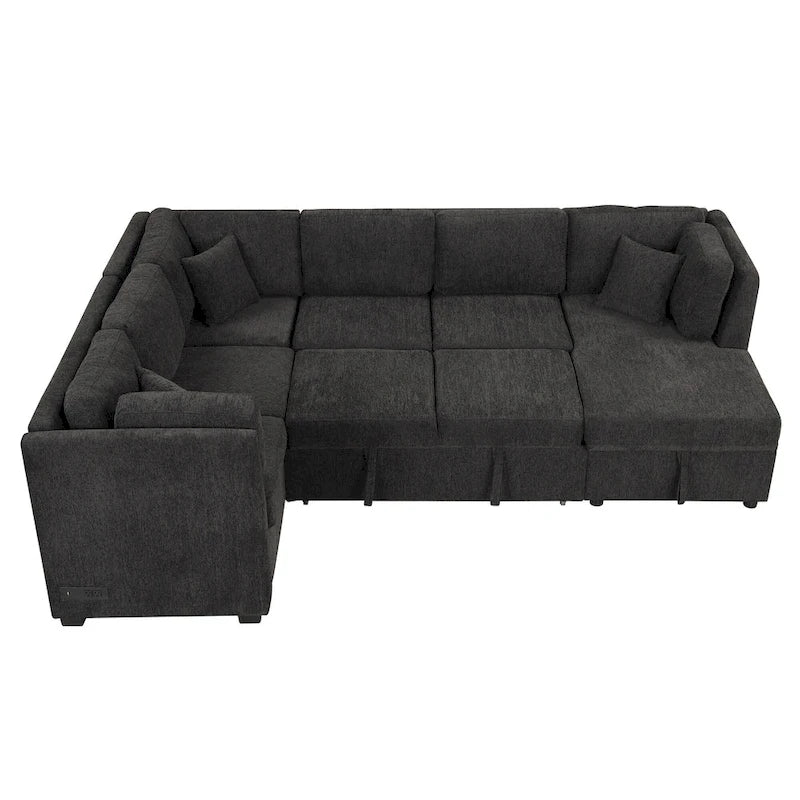 108.6 Divano Sezionale a U in Ciniglia con Funzione Letto, Porte USB, Chaise Longue Contenitore e 3 Cuscini Schienale