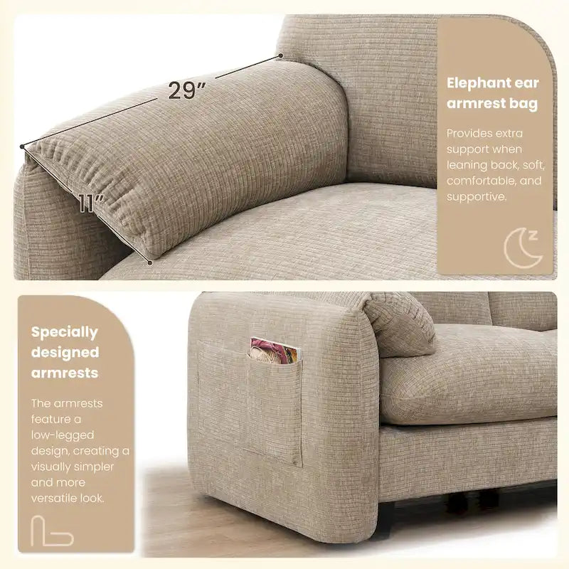 Divano componibile a U in ciniglia a 140 posti con sedute larghe 80 cm, caricabatterie USB/Type-C e tasche portaoggetti