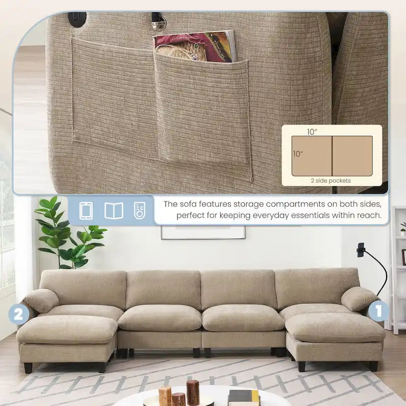 Divano componibile a U in ciniglia a 140 posti con sedute larghe 80 cm, caricabatterie USB/Type-C e tasche portaoggetti