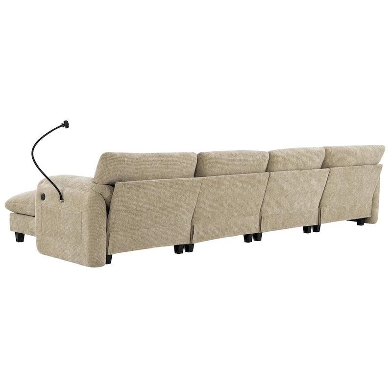 Divano componibile a U in ciniglia a 140 posti con sedute larghe 80 cm, caricabatterie USB/Type-C e tasche portaoggetti