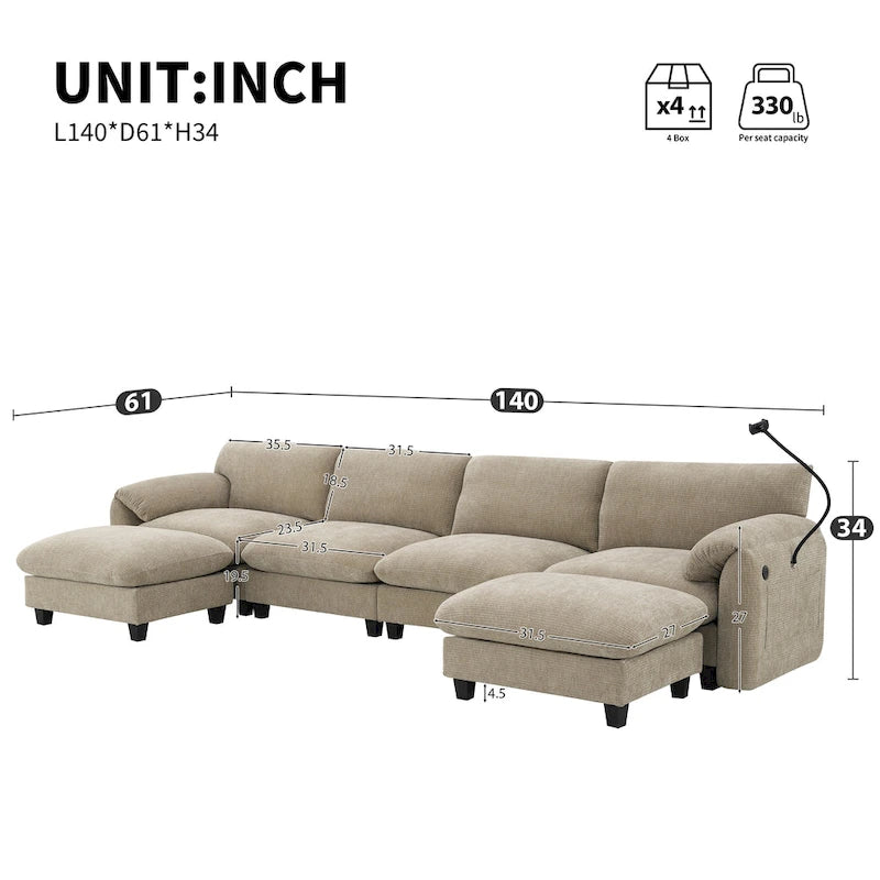 Divano componibile a U in ciniglia a 140 posti con sedute larghe 80 cm, caricabatterie USB/Type-C e tasche portaoggetti