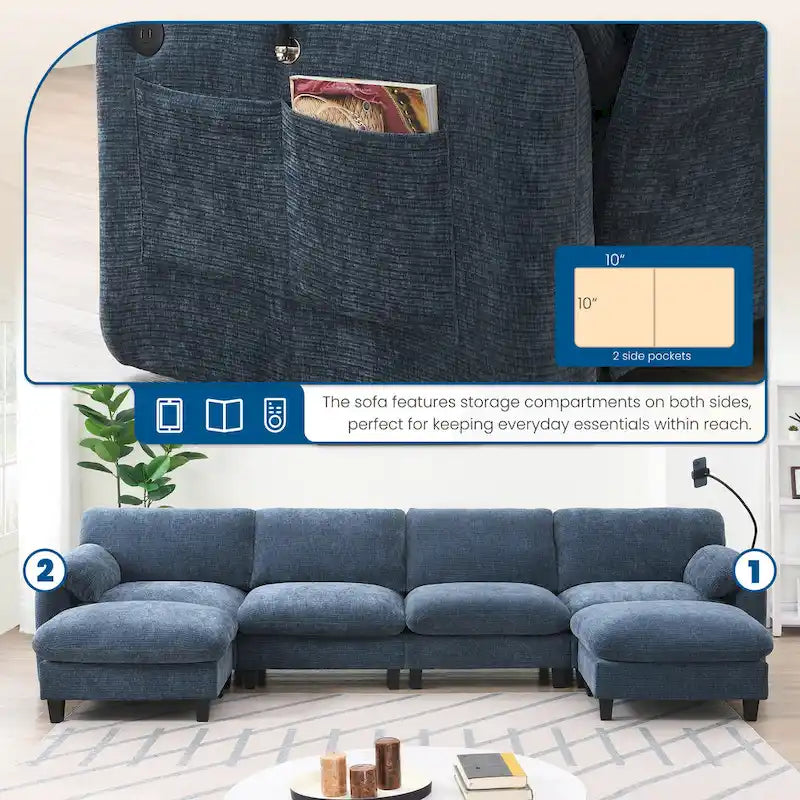 Divano componibile a U in ciniglia a 140 posti con sedute larghe 80 cm, caricabatterie USB/Type-C e tasche portaoggetti