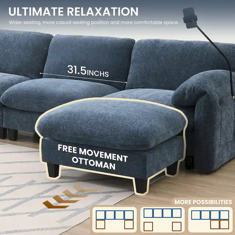 Divano componibile a U in ciniglia a 140 posti con sedute larghe 80 cm, caricabatterie USB/Type-C e tasche portaoggetti