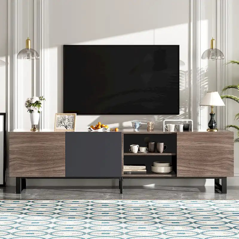 Mobile TV Moderno con 3 Armadietti e Ripiani Aperti, Tavolo Consolle Multimediale per TV fino a 80 Pollici, Centro di Intrattenimento con Anta a Ribalta