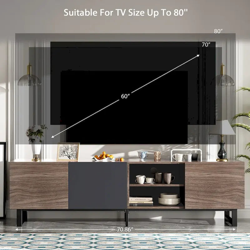 Mobile TV Moderno con 3 Armadietti e Ripiani Aperti, Tavolo Consolle Multimediale per TV fino a 80 Pollici, Centro di Intrattenimento con Anta a Ribalta