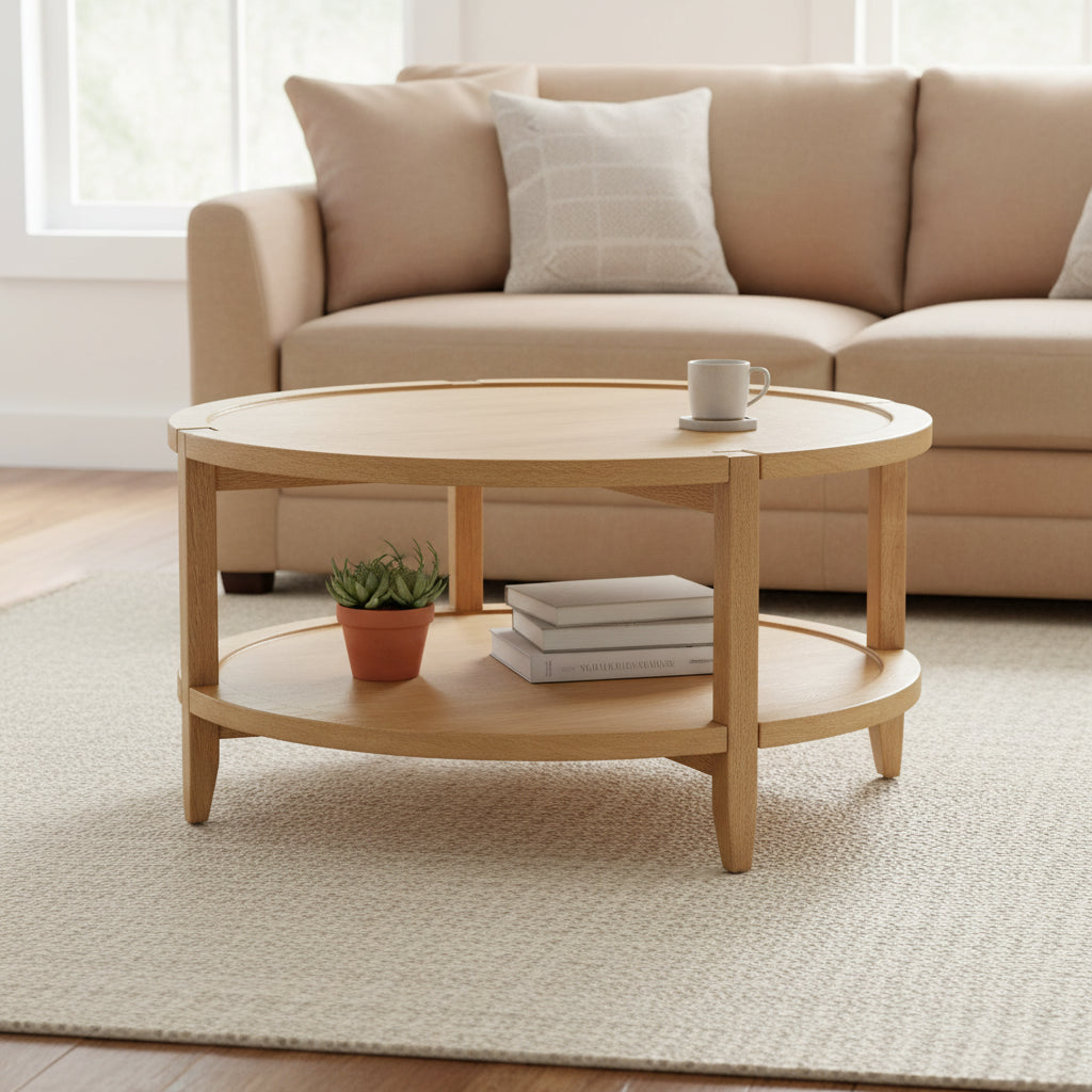 Camilia Coffee Table, 1 Shelf, Round Maple Brown Solid Wood, 36 Inch
