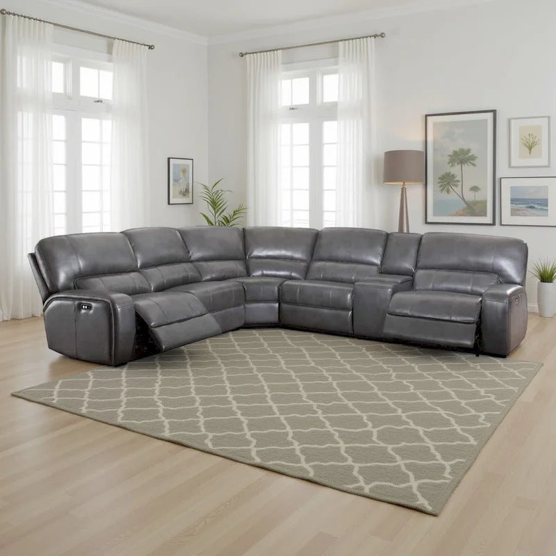 Saley Power Motion Sectional Sofa, USB, Gray Faux Leather, Console