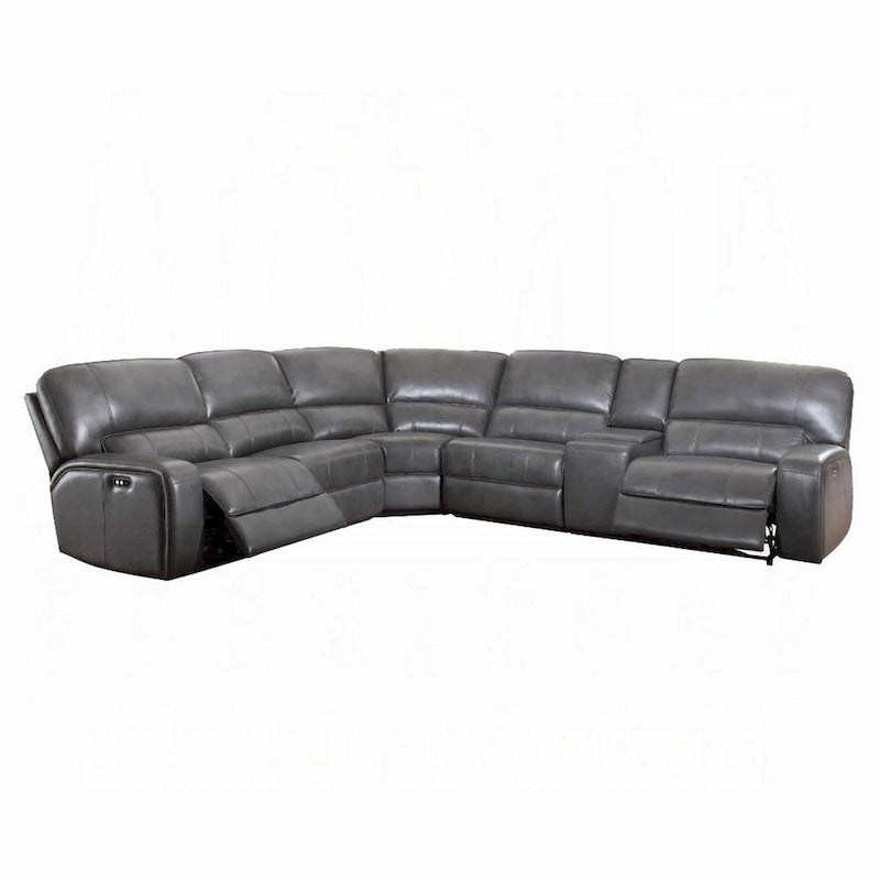 Canapé d'angle inclinable motorisé Saley, USB, similicuir gris, console