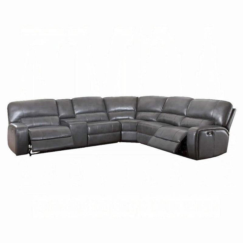 Canapé d'angle inclinable motorisé Saley, USB, similicuir gris, console