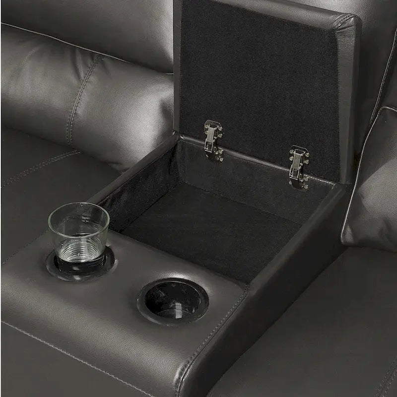 Canapé d'angle inclinable motorisé Saley, USB, similicuir gris, console