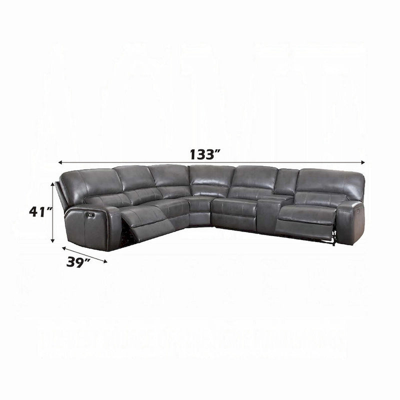 Canapé d'angle inclinable motorisé Saley, USB, similicuir gris, console