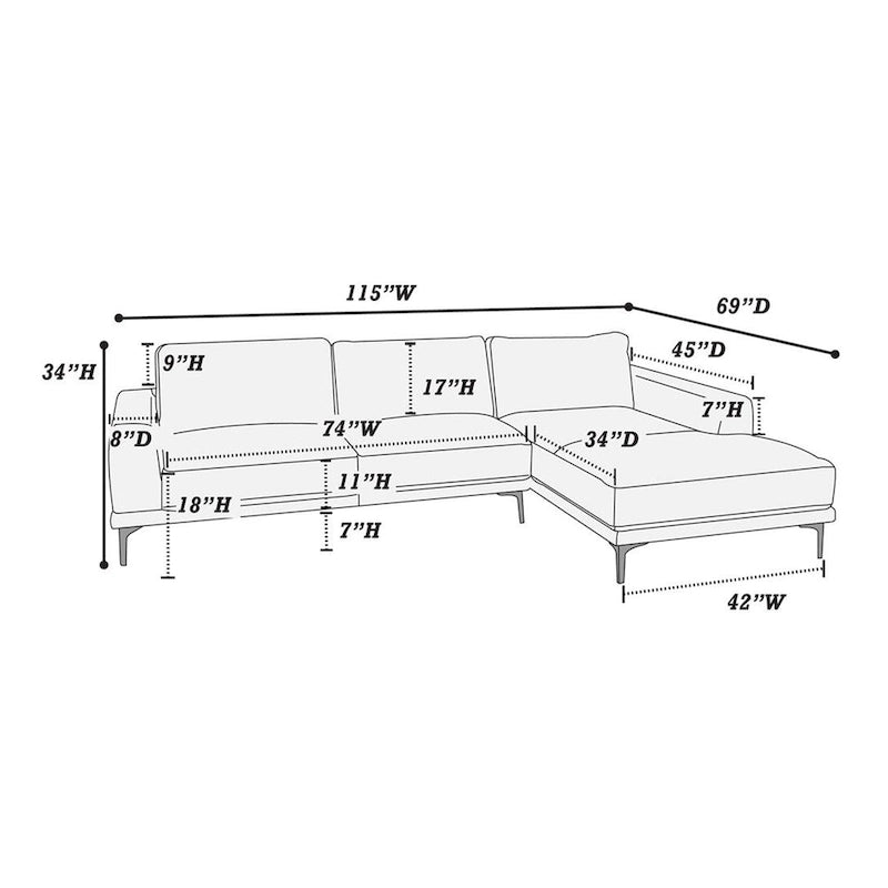Set Divano Sezionale a L Kemy 2 Pezzi con Chaise, Rivestimento in Similpelle Grigia