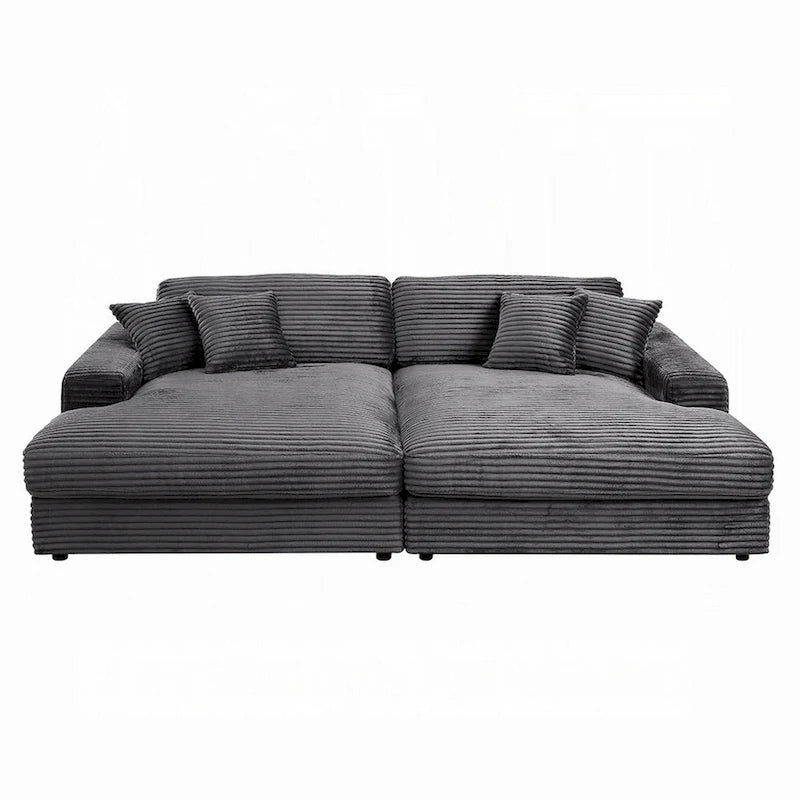 Divano componibile a 2 posti Liny che si trasforma in letto, 4 cuscini decorativi, velluto grigio scuro