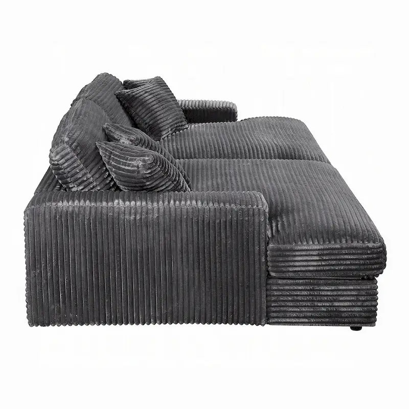 Divano componibile a 2 posti Liny che si trasforma in letto, 4 cuscini decorativi, velluto grigio scuro