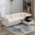 Divano sezionale Roomfitters Cozy in tessuto pile Teddy con porte USB, pouf contenitore mobile e due cuscini lombari