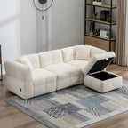 Divano sezionale Roomfitters Cozy in tessuto pile Teddy con porte USB, pouf contenitore mobile e due cuscini lombari