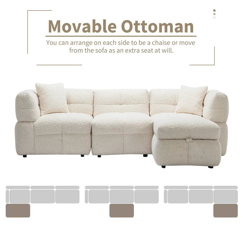 Divano sezionale Roomfitters Cozy in tessuto pile Teddy con porte USB, pouf contenitore mobile e due cuscini lombari