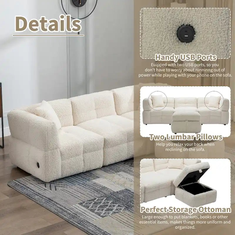 Divano sezionale Roomfitters Cozy in tessuto pile Teddy con porte USB, pouf contenitore mobile e due cuscini lombari
