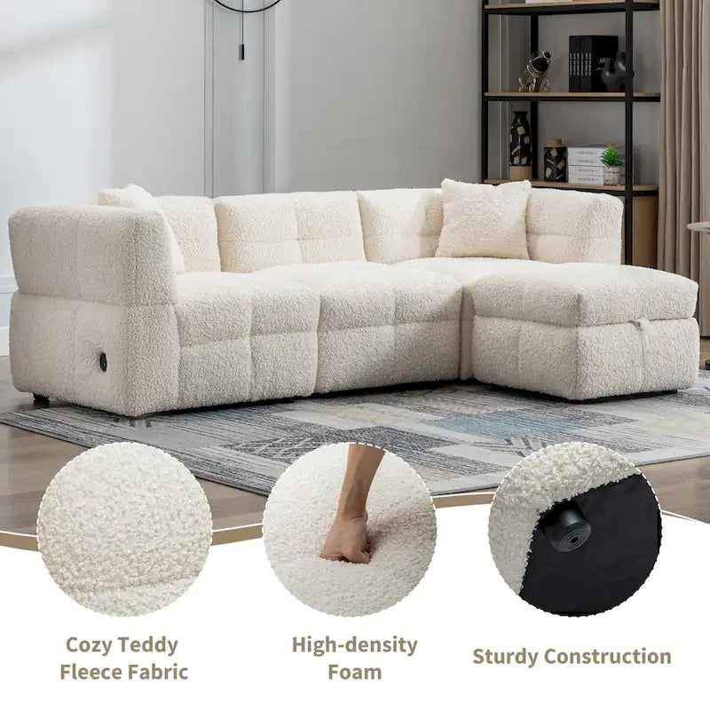Divano sezionale Roomfitters Cozy in tessuto pile Teddy con porte USB, pouf contenitore mobile e due cuscini lombari
