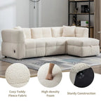 Divano sezionale Roomfitters Cozy in tessuto pile Teddy con porte USB, pouf contenitore mobile e due cuscini lombari