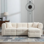 Divano sezionale Roomfitters Cozy in tessuto pile Teddy con porte USB, pouf contenitore mobile e due cuscini lombari