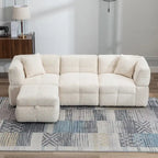 Divano sezionale Roomfitters Cozy in tessuto pile Teddy con porte USB, pouf contenitore mobile e due cuscini lombari