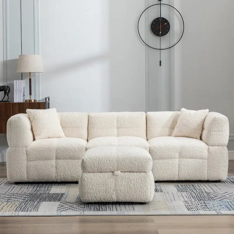 Divano sezionale Roomfitters Cozy in tessuto pile Teddy con porte USB, pouf contenitore mobile e due cuscini lombari